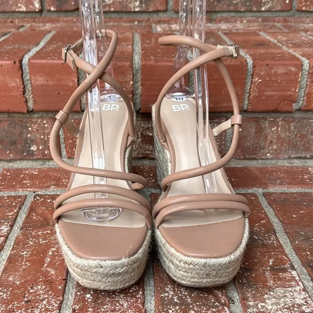 BP Cohan Espadrille Platform Wedge Sandals Tan Mocha Strappy Size 10